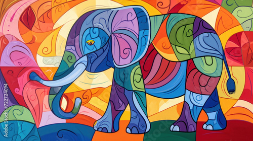  a painting of a colorful elephant on a multicolored background with a red, yellow, blue, green, orange, and pink color scheme.