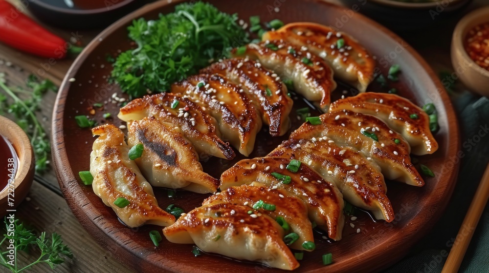 a plate filled with dumplings covered in sauce and garnished with green onions and garnished with sesame seeds. a plate filled with dumplings covered in sauce and garnished with green onions and garnished with sesame seeds.