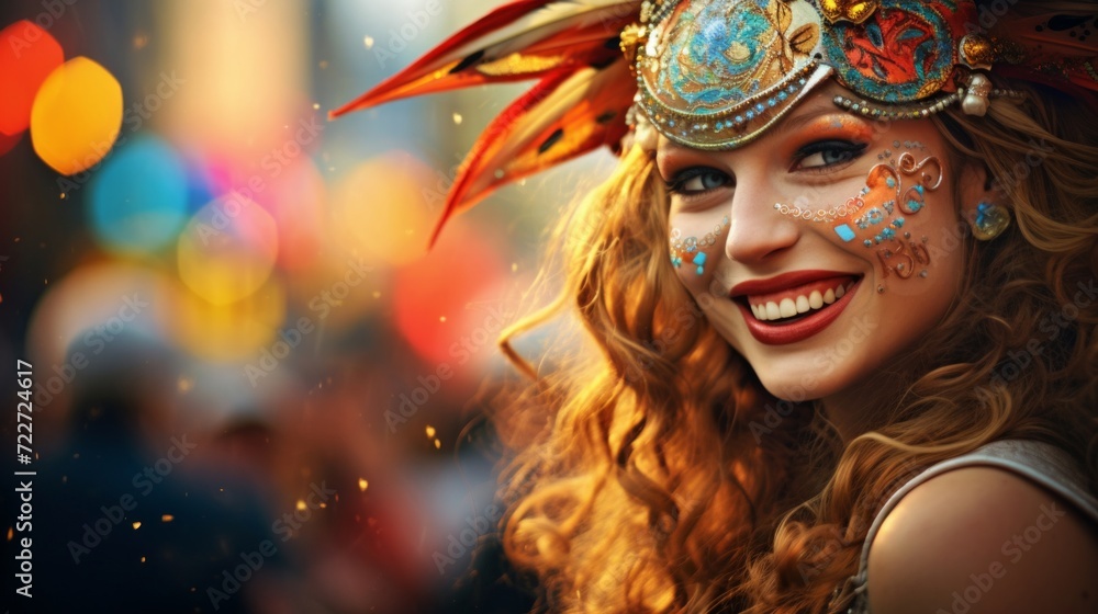 Joyful woman in elaborate carnival attire and makeup celebrating with bright bokeh background.