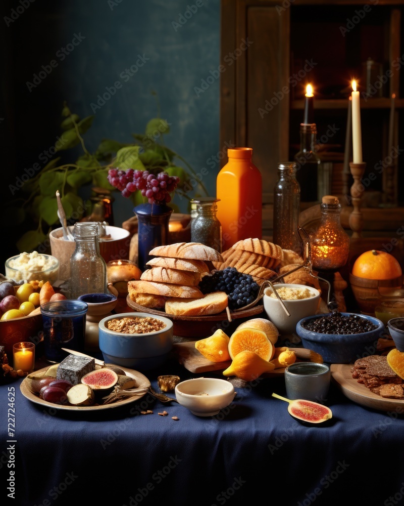  a table topped with plates of food next to a vase filled with oranges and other fruit on top of a blue table cloth.