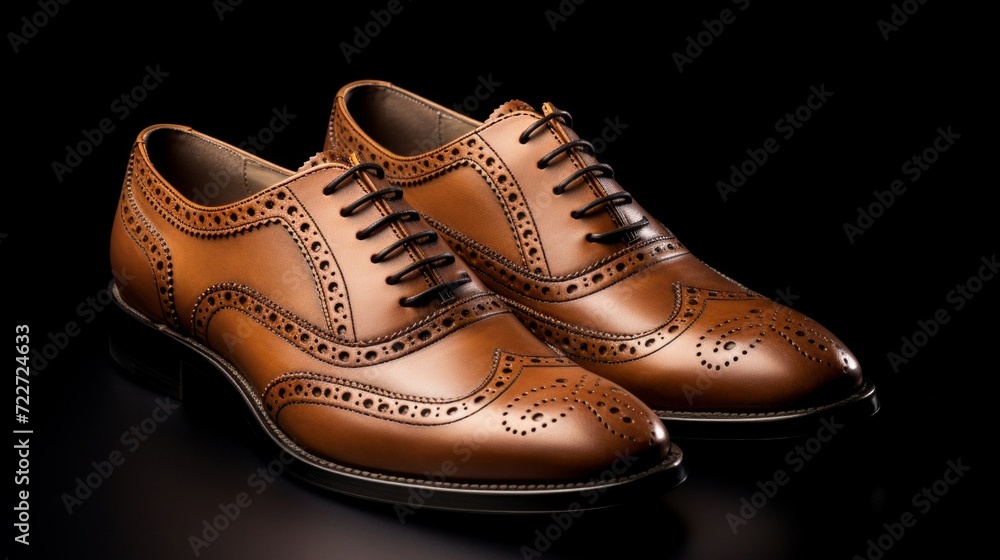 Pair of brown leather Oxford shoes for men isolated on a black background, representing elegance and style. Pair of brown leather Oxford shoes for men isolated on a black background, representing elegance and style.