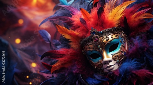 A colorful Venetian mask adorned with exotic feathers, symbolizing carnival festivities and mysterious elegance.