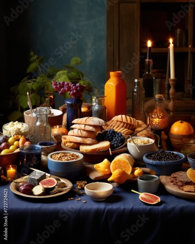  a table topped with plates of food next to a vase filled with oranges and other fruit on top of a blue table cloth.