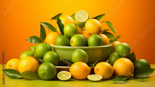 Fototapeta Naklejka Na Ścianę i Meble -  Bright and fresh citrus fruits assortment on an orange background with green leaves.