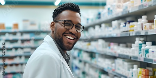 Friendly pharmacist smiling at work. healthcare professional in a pharmacy. approachable and happy employee. trustworthy expert. AI photo
