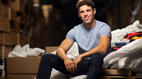A cheerful male volunteer sitting among boxes of donated clothes in a charity warehouse, offering help and support.
