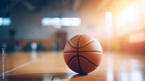 Basketball on an indoor court with a warm sunlight flare, capturing a peaceful moment before the game.