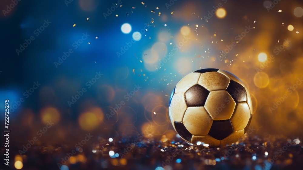 Naklejka premium A classic black and white soccer ball amidst shimmering golden sparkles and bokeh effect on a dark backdrop.