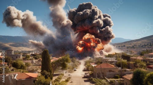 Catastrophic explosion erupting with smoke and fire in a serene village setting.