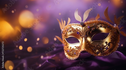 Ornate golden Venetian mask lying on a purple satin cloth, symbolizing celebration and mystery.