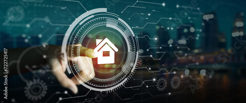 User hand touching circular futuristic digital interface of smart home automation control system. Automation assistant, Innovation technology, and Security Concept.