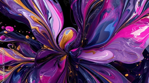  a painting of a purple flower with yellow and blue swirls on it s petals and a black background.