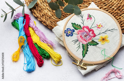 Εκτύπωση καμβά The process of hand embroidering a napkin with colored threads on white fabric