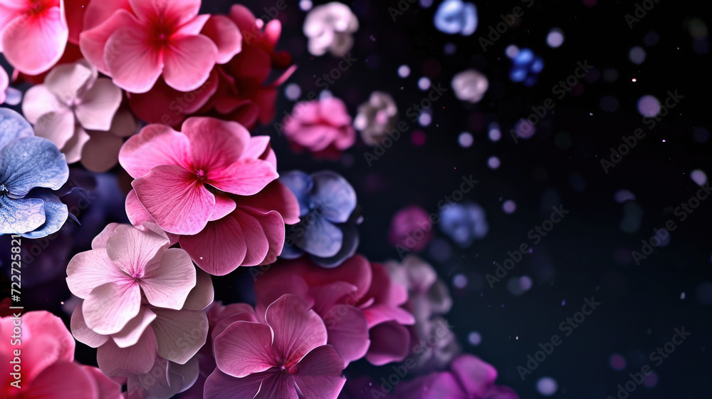  a group of pink and blue flowers floating in the air on a black background with bubbles of water on the bottom of the petals.