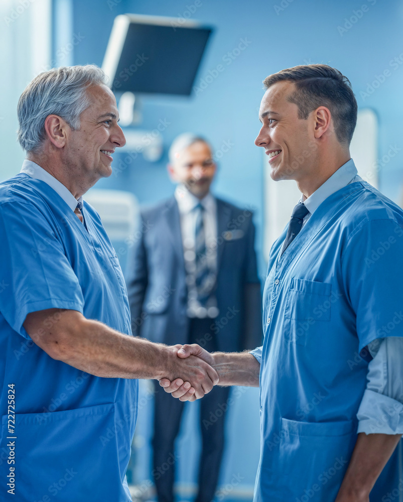 Two Medical Professionals Shaking Hands in Hospital Setting with Mediator Two Medical Professionals Shaking Hands in Hospital Setting with Mediator