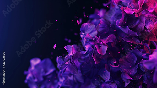  a bunch of purple flowers that are on a blue and pink background with water droplets on the bottom of the petals.