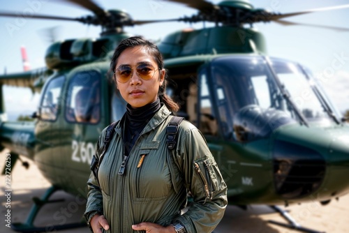 A confident Asian female helicopter pilot, possibly from China or North Korea standing in front of a helicopter