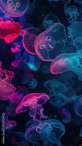  a group of jellyfish floating in the water with different colors of jellyfish floating in the water and looking like they are floating in the air.
