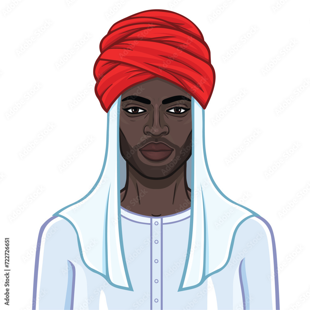 Animation portrait of beautiful African man in a turban. Color drawing. Vector illustration isolated on a white background. Animation portrait of beautiful African man in a turban. Color drawing. Vector illustration isolated on a white background.