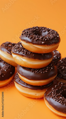 chocolate frosted donuts on orange minimalist background. chocolate frosted donut stock photo.