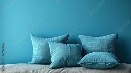  a bed with three pillows on top of it in front of a wall with a blue painted wall behind it. photo