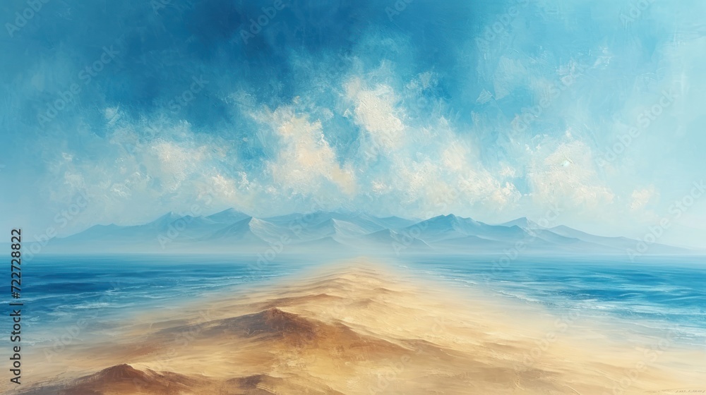  a painting of a large body of water in the middle of a desert with a mountain range in the background.