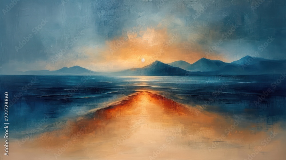 Fototapeta premium a painting of a large body of water with mountains in the background and a bright orange sun in the sky.