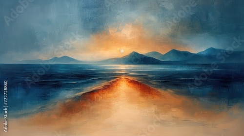  a painting of a large body of water with mountains in the background and a bright orange sun in the sky.