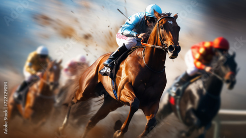 Capture the excitement of a horse racing event with a blurred background that conveys the speed and power of the horses. © Teerasak