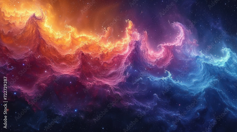  an image of a colorful wallpaper that looks like a wave of fire and ice in the night sky with stars in the background.
