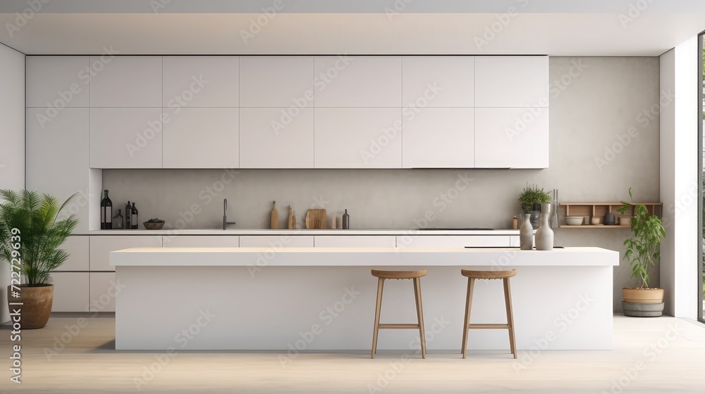 Fototapeta premium Interior of modern trendy white kitchen, front view