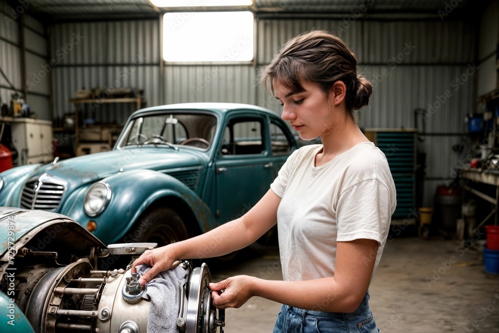 A female mechanic fixing a car or engine, displaying joy and enthusiasm in her work, making maintenance look like a delightful and enjoyable activity. A female mechanic fixing a car or engine, displaying joy and enthusiasm in her work, making maintenance look like a delightful and enjoyable activity.