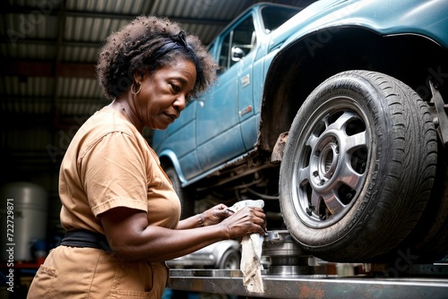 A female mechanic fixing a car or engine, displaying joy and enthusiasm in her work, making maintenance look like a delightful and enjoyable activity.