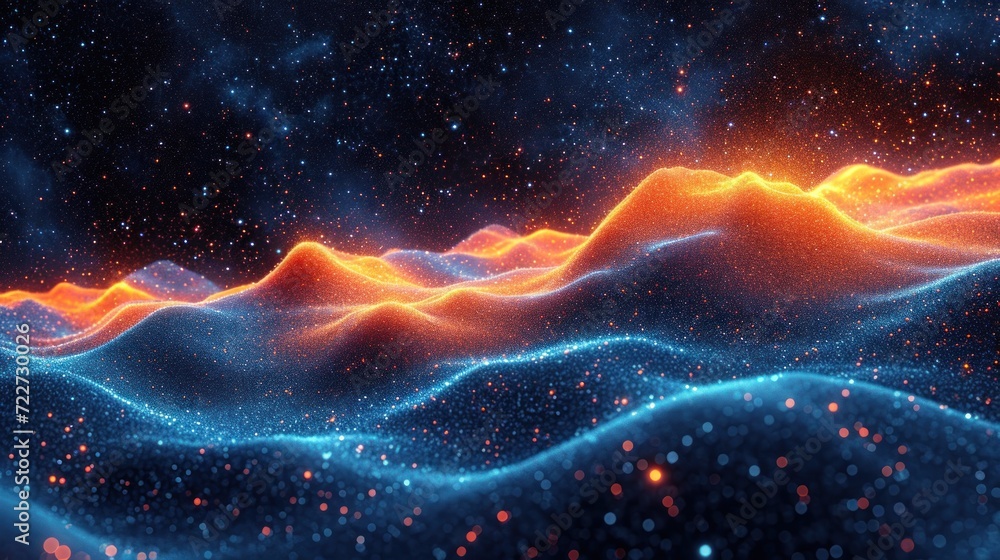 Obraz premium a computer generated image of a mountain range in space with stars and dust in the foreground and a star filled sky in the background.
