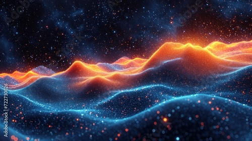  a computer generated image of a mountain range in space with stars and dust in the foreground and a star filled sky in the background.