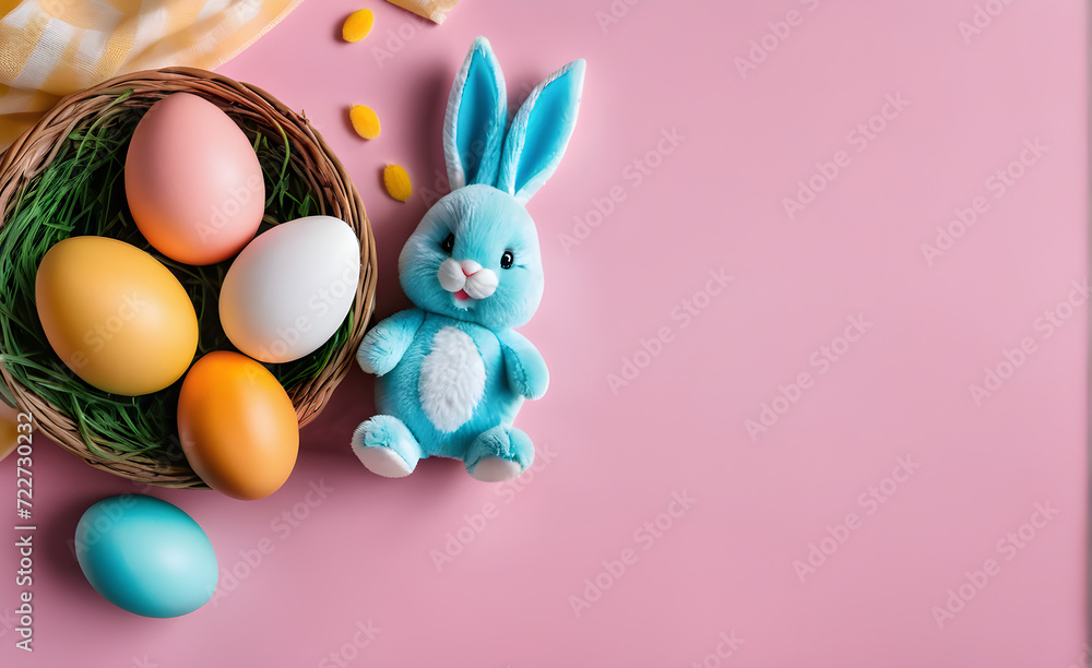 Easter a bunny and eggs on indoor. copy space. template. Generative AI Easter a bunny and eggs on indoor. copy space. template. Generative AI