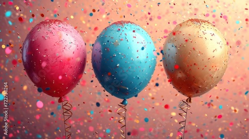  a group of three balloons sitting on top of a table next to a window filled with colorful confetti.