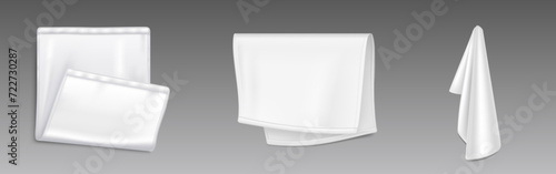 White empty folded and hanging handkerchief mockup. Realistic vector illustration set of blank cloth napkin or kitchen towel template. Mock up of fabric textile tablecloth or restaurant serviette.