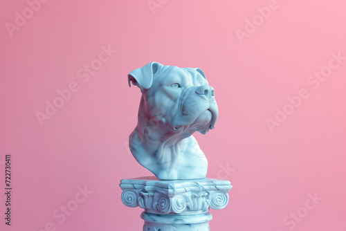 marble stone plinth statue of a pitbull dog, on pastel background