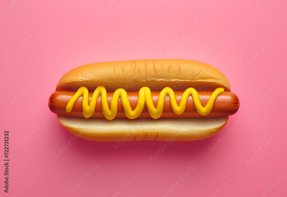 hot dog in a bun with mustard on pink bold minimal background hot dog in a bun with mustard on pink bold minimal background
