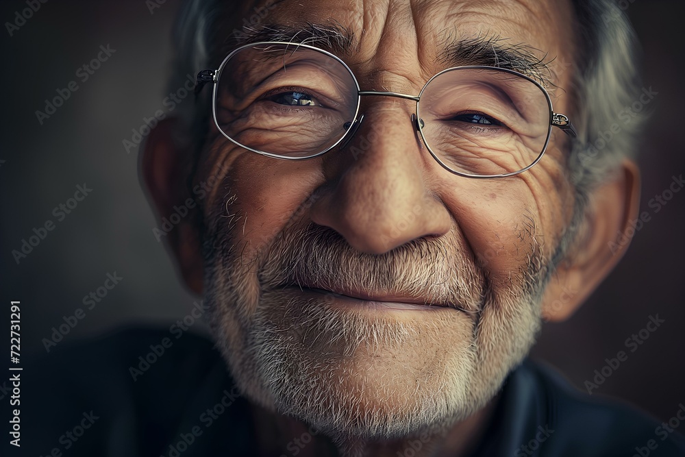Close-up of a mature older man's face with a happy smile. calm faded tone studio backdrop. generative AI Close-up of a mature older man's face with a happy smile. calm faded tone studio backdrop. generative AI