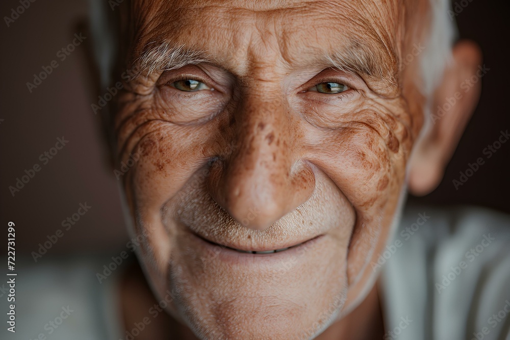 Close-up of a mature older man's face with a happy smile. calm faded tone studio backdrop. generative AI