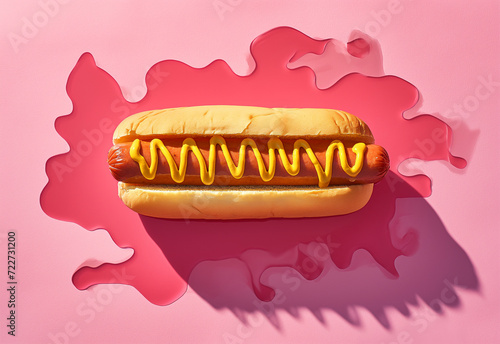 hot dog in a bun with mustard on pink bold minimal background