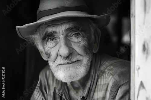 Close-up of a mature older man's face with a happy smile. calm faded tone backdrop. generative AI
