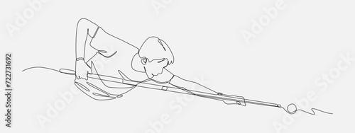 man trying to hit the ball in a billiard game. continuous one line drawing style. editable stroke. vector illustration.