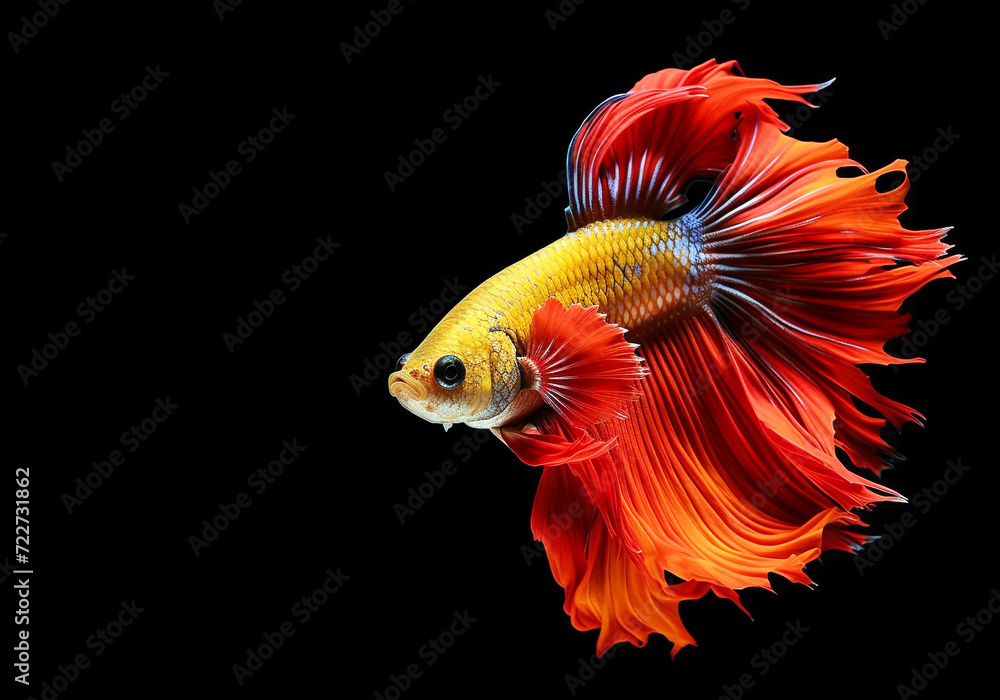 Fighting fish, red-orange fighting fish with sparkling tails move gracefully and calmly against a dark background. Contrasting hues add a touch of fascination to the aquatic movement. Fighting fish, red-orange fighting fish with sparkling tails move gracefully and calmly against a dark background. Contrasting hues add a touch of fascination to the aquatic movement.