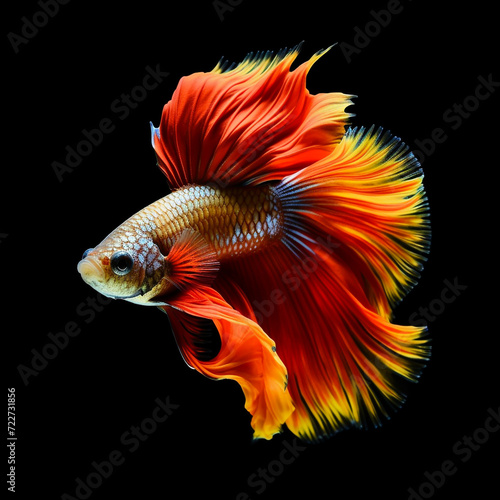 Fighting fish, red-orange fighting fish with sparkling tails move gracefully and calmly against a dark background. Contrasting hues add a touch of fascination to the aquatic movement.