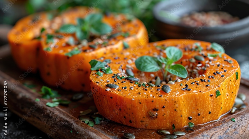 a wooden cutting board topped with sliced pumpkins covered in seeds and sprinkled with green leafy herbs. a wooden cutting board topped with sliced pumpkins covered in seeds and sprinkled with green leafy herbs.