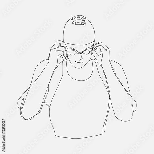 one continuous line drawing of female swimmer athlete wearing goggles. editable stroke. vector illustration.