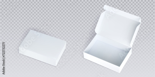 White closed and open cardboard box mockup top angle view. Realistic vector illustration set of blank carton package for delivery or gift concept. Rectangular low paper pack with cover mock up.